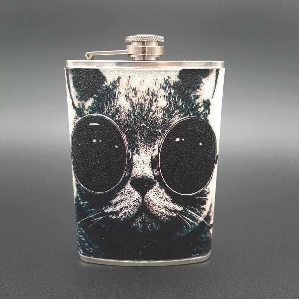 Funny Hipster Cool Cat Flask 9oz Stainless Steel‎ Hip Drinking Whiskey